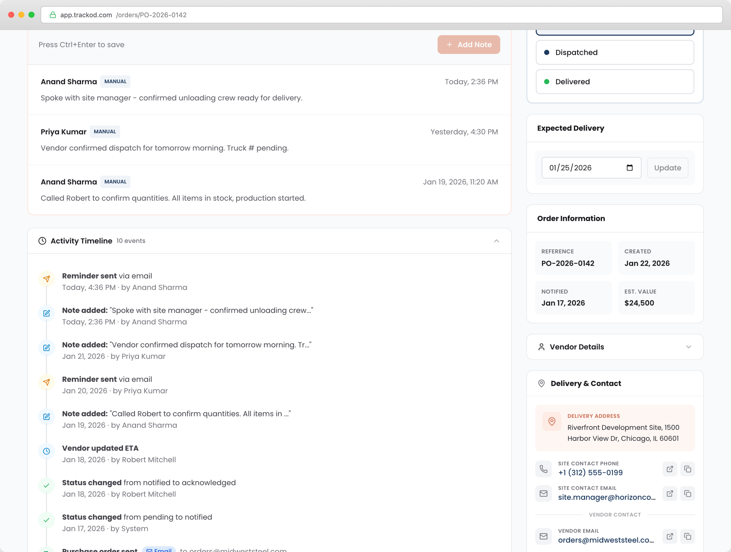 Trackod Order Details Page