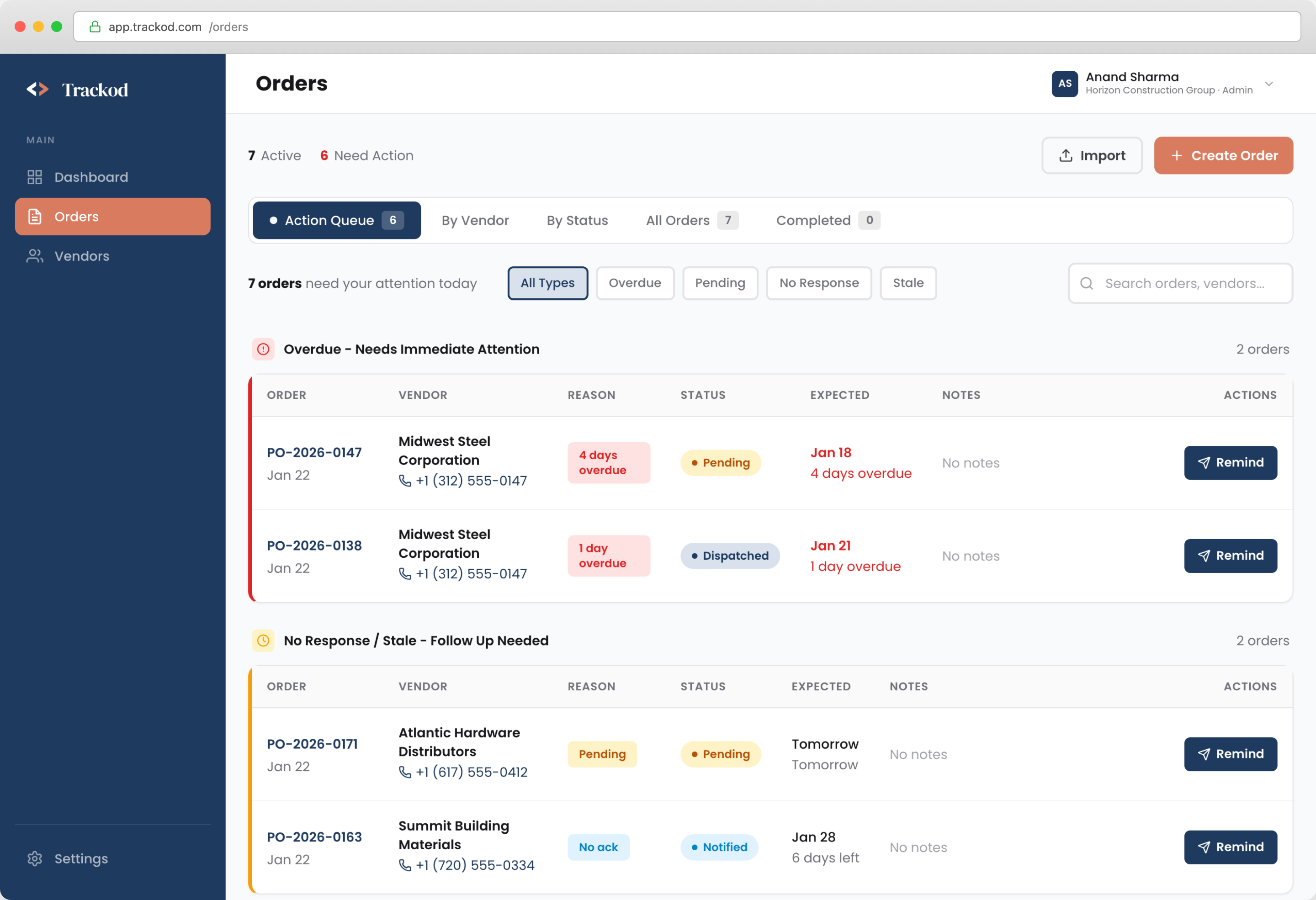 Orders Page - Action Queue Tab