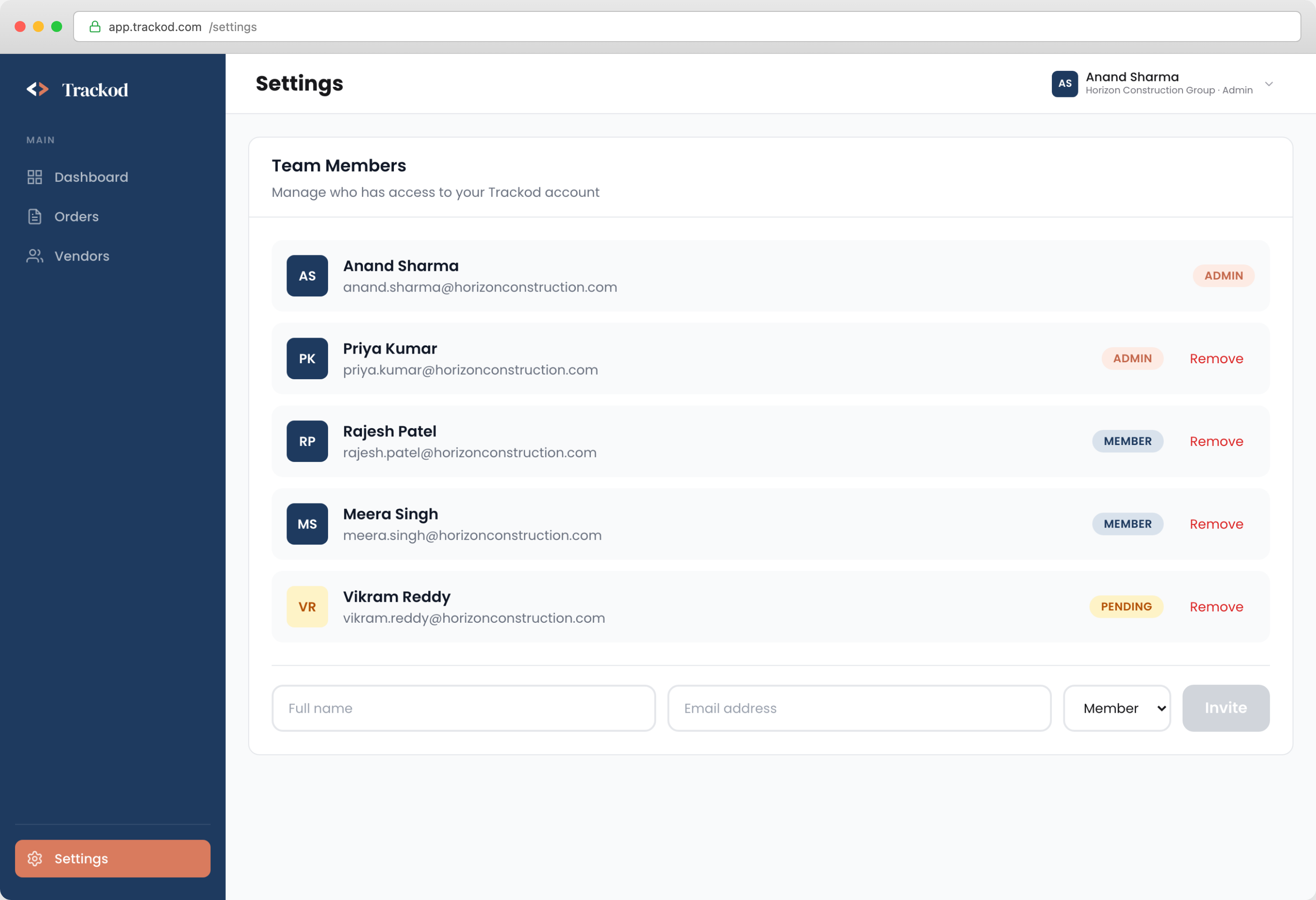 Settings - Team Members Page